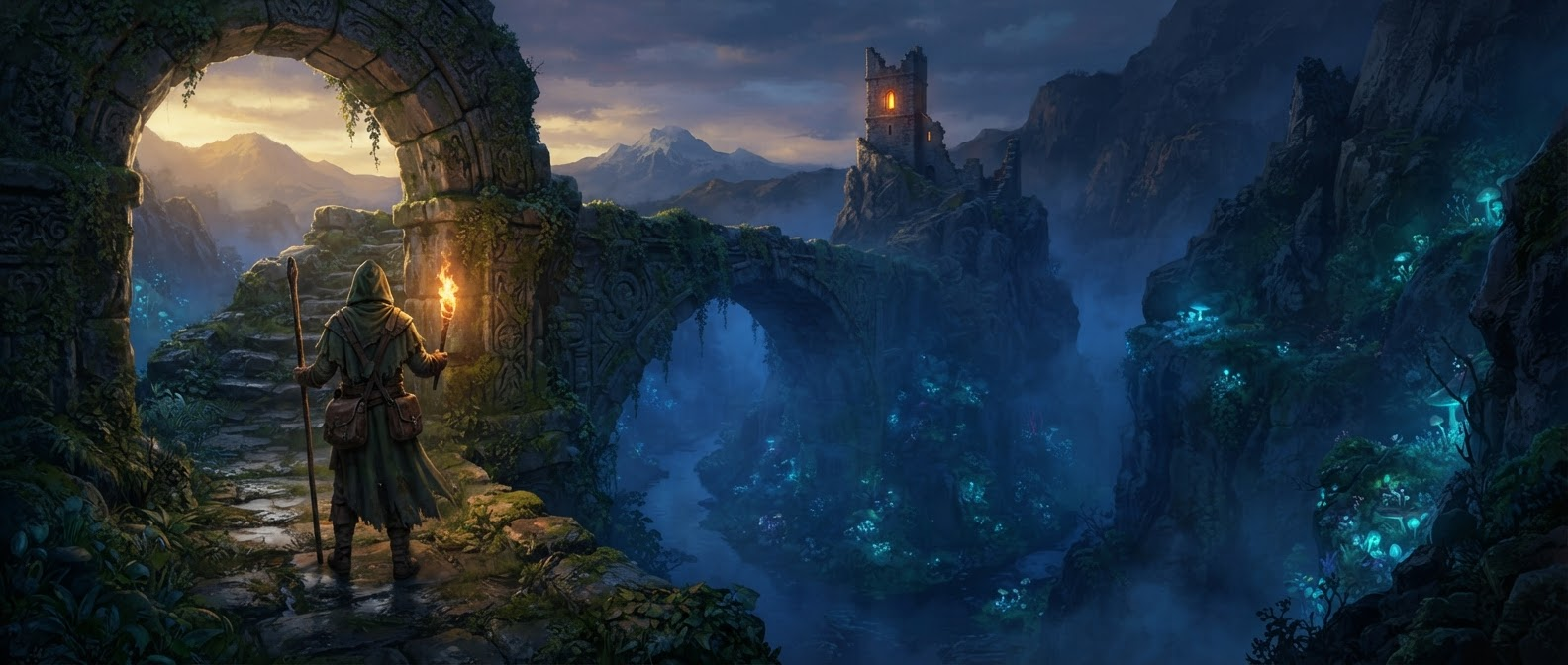 A cloaked traveller with a torch before a ruined stone gateway, a bridge, and a distant lit tower above a glowing ravine.